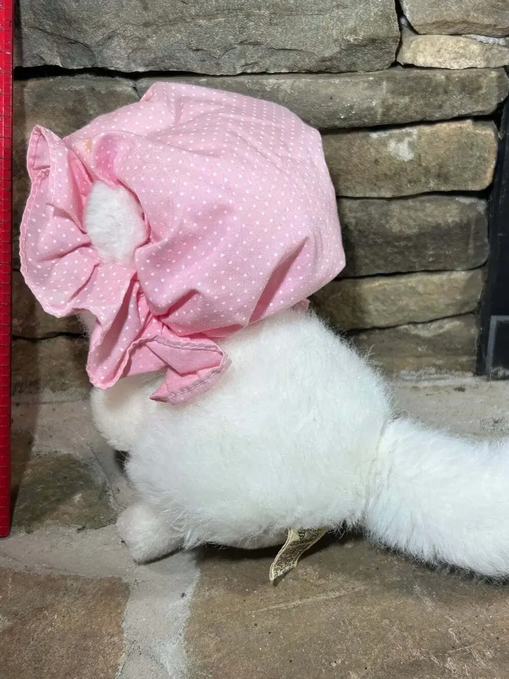 Vintage Applause Fluffy White Kitten 1984 Pink bonnet blue eyes sitting up